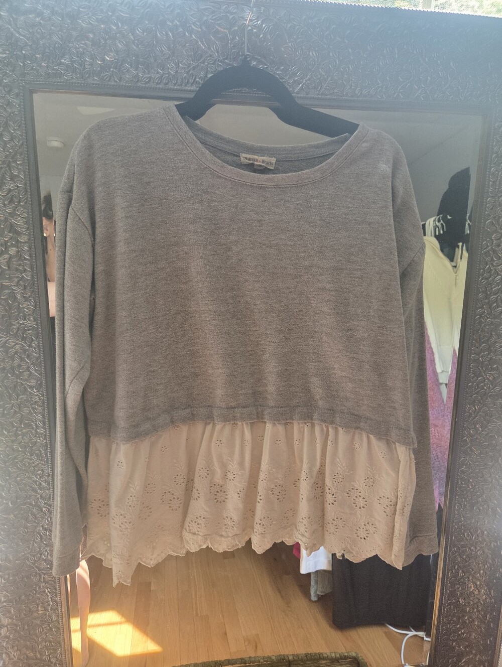 Charmed Hearts Gray Sweatshirt with Cream Eyelet Ruffle Hem
